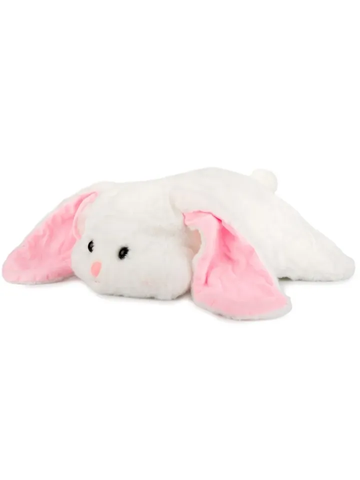 Biały pluszowy królik w formie płaskiej poduszki z długimi różowymi uszami